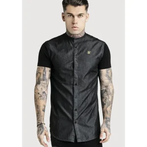 SikSilk S/S Grandad Collar Denim Shirt - Black & Gold