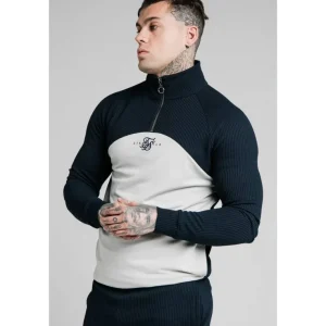 SikSilk Surface Quarter Zip Funnel Neck Hoodie - Navy & Grey