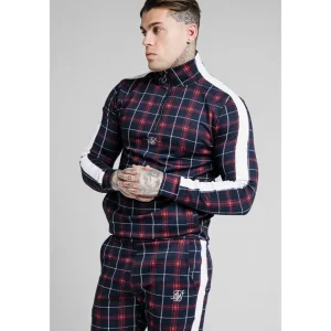 SikSilk Jacquard Check Quarter Zip Hoodie - Navy