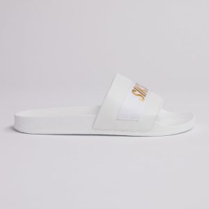 White Pool Slide With Gold Logo Strap