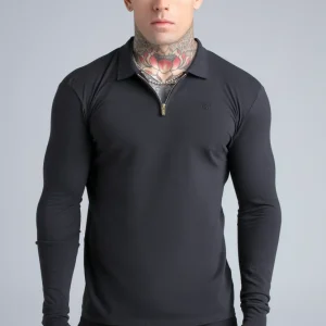 Black LS Zip Polo T-Shirt