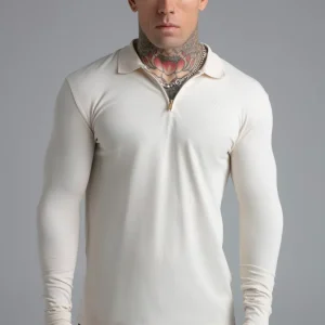 Ecru LS Zip Polo T-Shirt