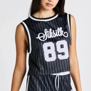 Girls Black Pinstripe Crop Basketball Vest