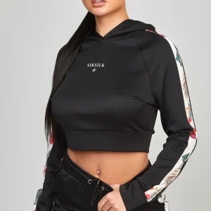 Black Floral Panelled Crop Hoodie
